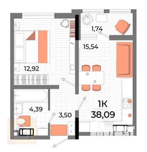 1-к квартира, вторичка, 38м2, 4/7 этаж