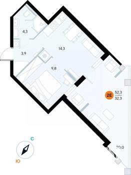 1-к квартира, вторичка, 52м2, 2/6 этаж