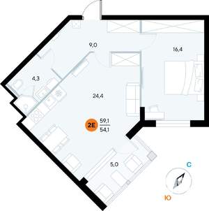 1-к квартира, строящийся дом, 60м2, 3/7 этаж