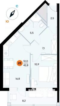 1-к квартира, строящийся дом, 51м2, 2/7 этаж